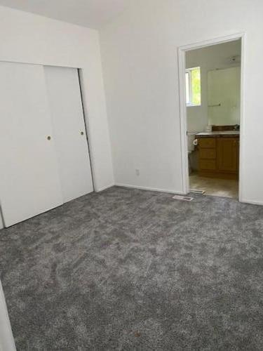 An empty room with gray carpet and a closet.