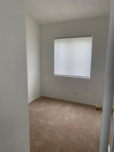 An empty room with tan carpet and a window.