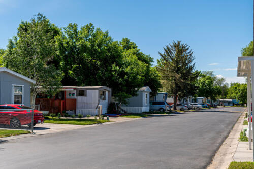 A row of mobile homes in a residential neighborhood.